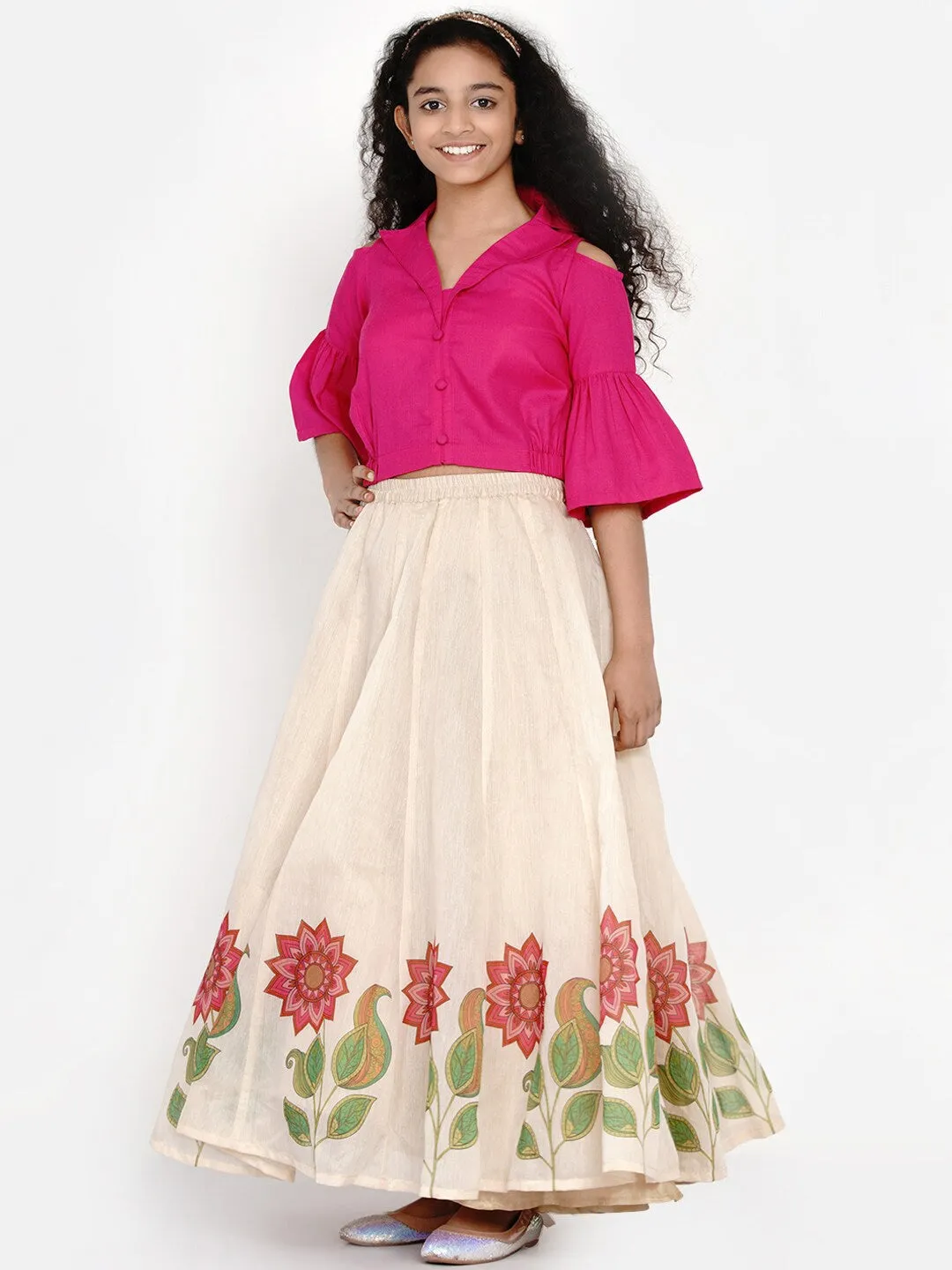 Girl's Pink & Beige Solid Ready To Wear Lehenga & Ready To Wear Blouse - NOZ2TOZ KIDS