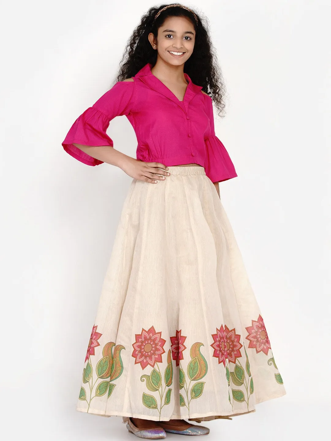 Girl's Pink & Beige Solid Ready To Wear Lehenga & Ready To Wear Blouse - NOZ2TOZ KIDS