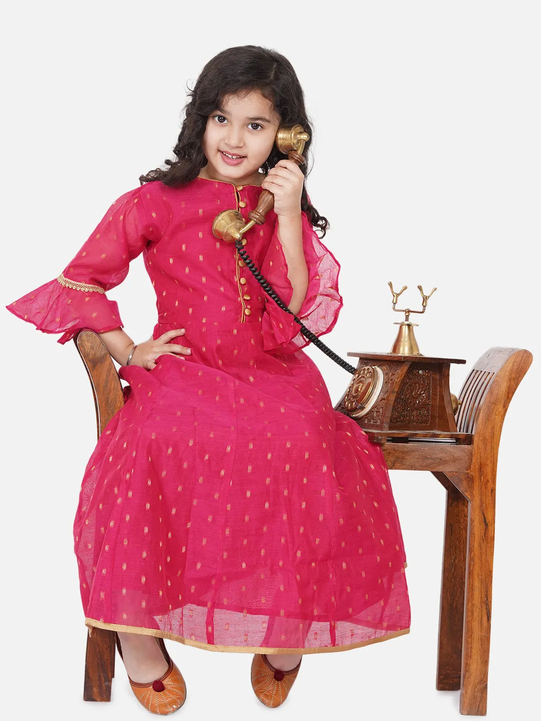 Girl's Pink Bell Sleeves Ethnic Maxi Dress - Bitiya By Bhama