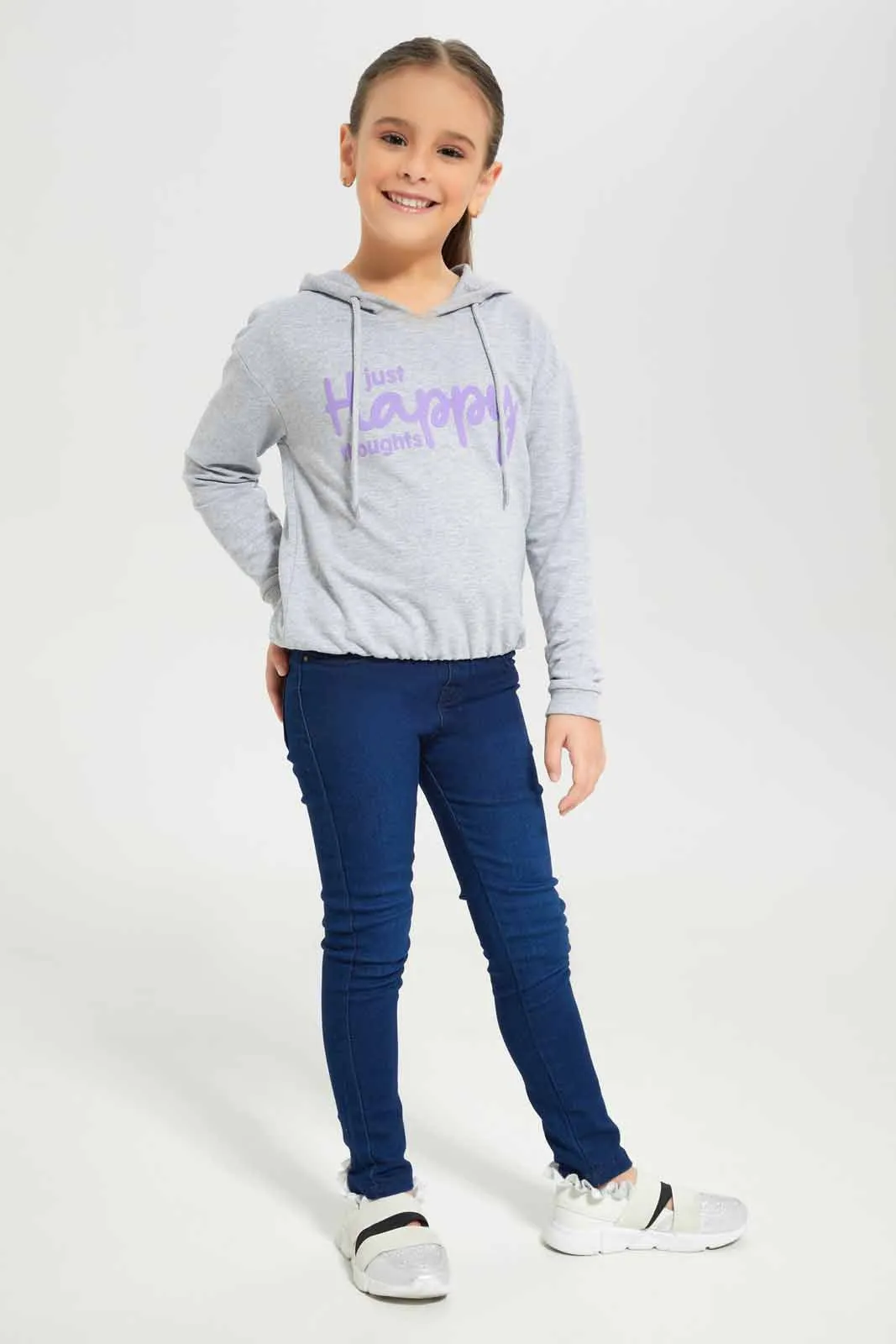 Girls Printed Grey Hooded Sweatshirt