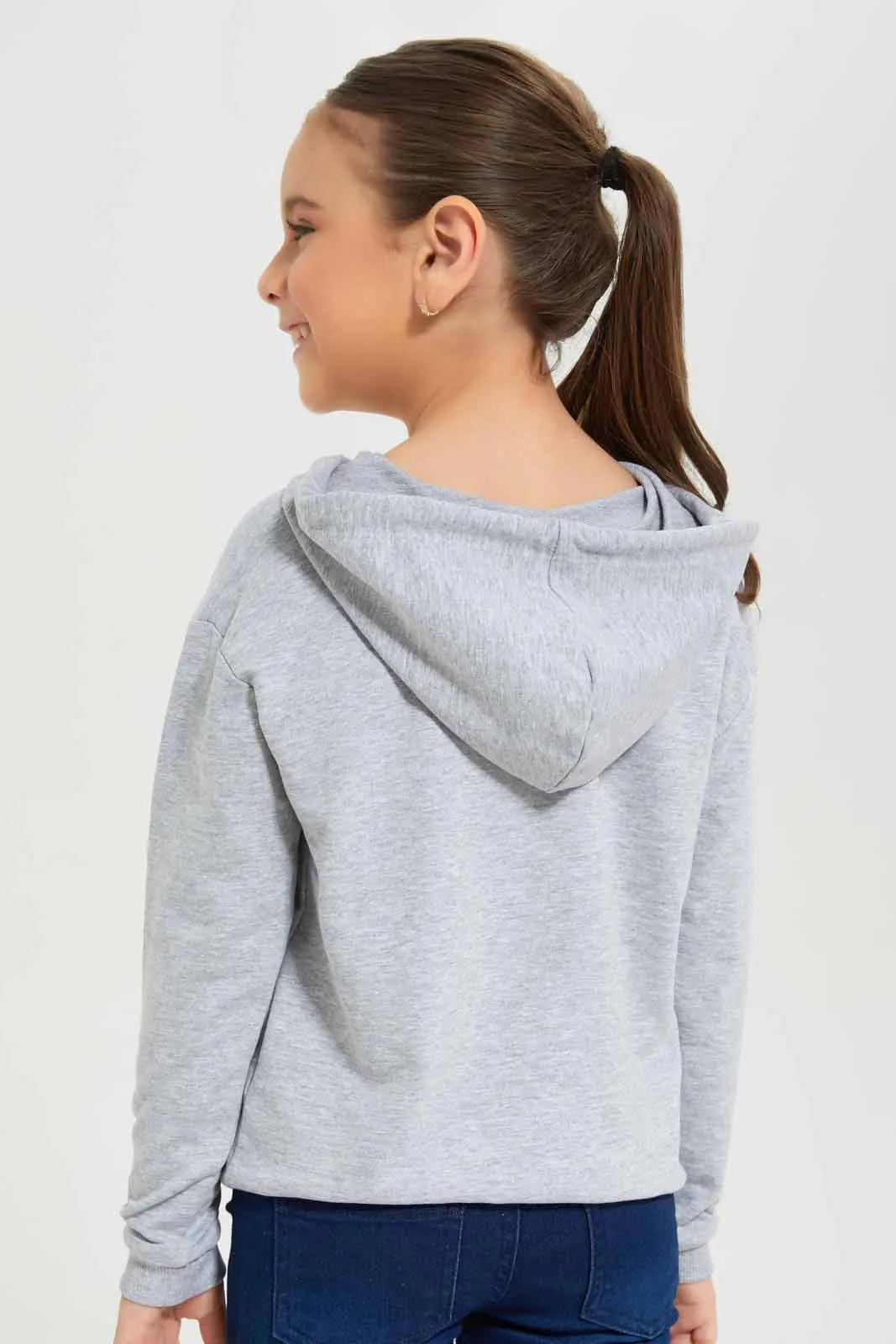 Girls Printed Grey Hooded Sweatshirt