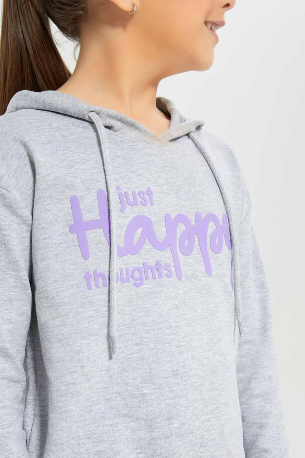 Girls Printed Grey Hooded Sweatshirt