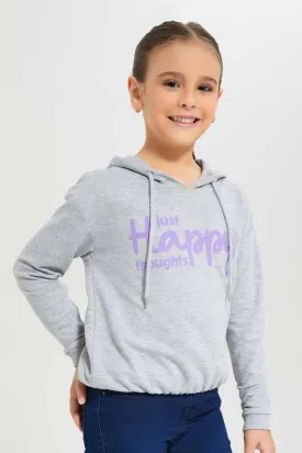 Girls Printed Grey Hooded Sweatshirt