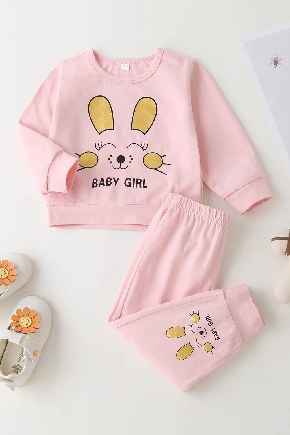 Girls Rabbit Pattern Sweatshirt and Pants Set