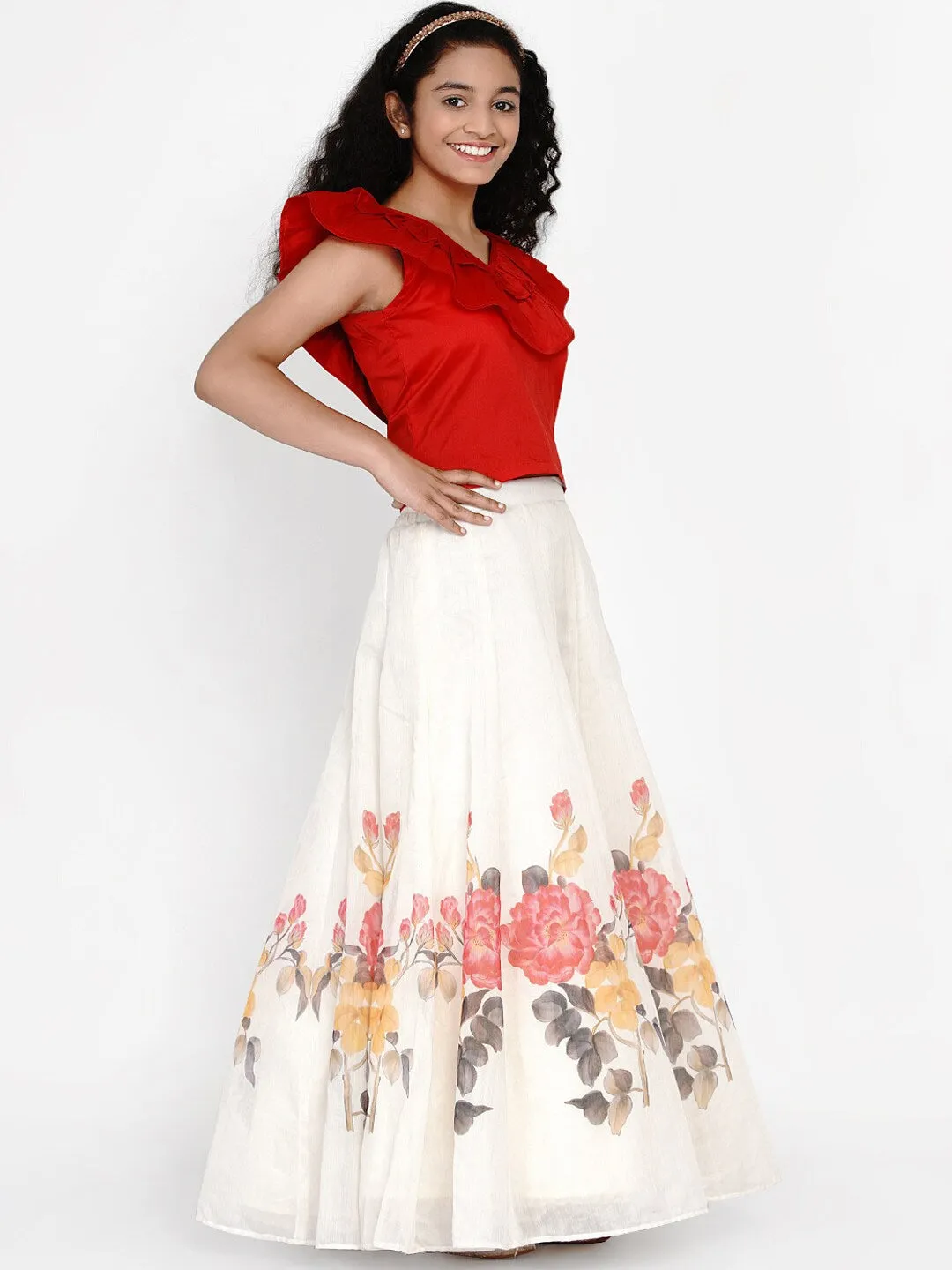 Girl's Red & White Ready to Wear Lehenga & Blouse - NOZ2TOZ KIDS