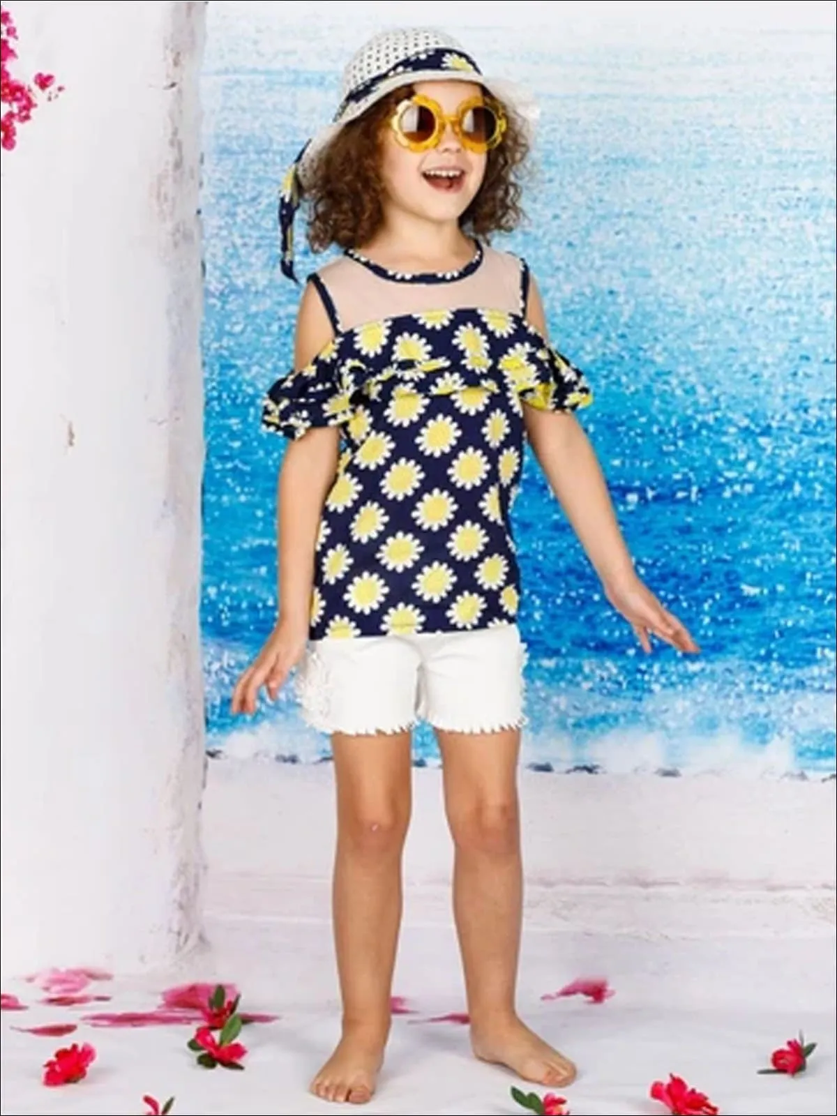 Girls Spring Floral Print Tunic And White Short Set with Matching Hat