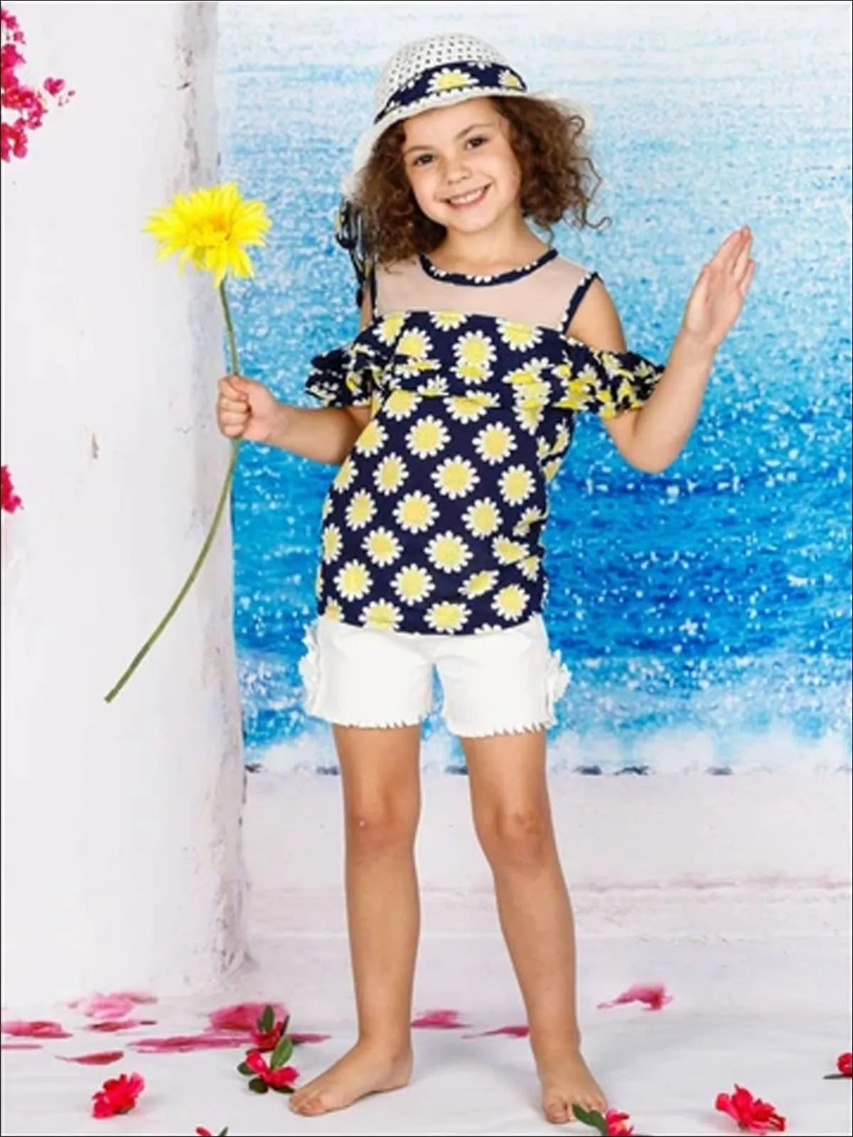 Girls Spring Floral Print Tunic And White Short Set with Matching Hat