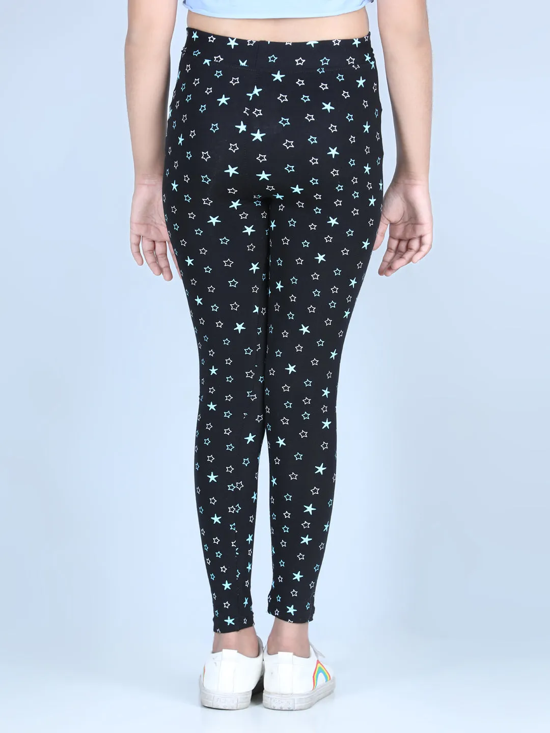 Girl's Star Printed Leggings With Flat Waistband- Black - Stylestone Kid