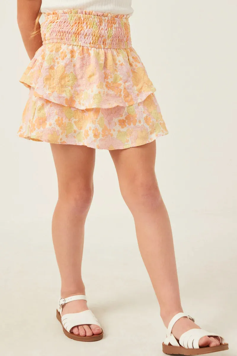 Girls Textured Floral Smocked Waist Layered Skirt