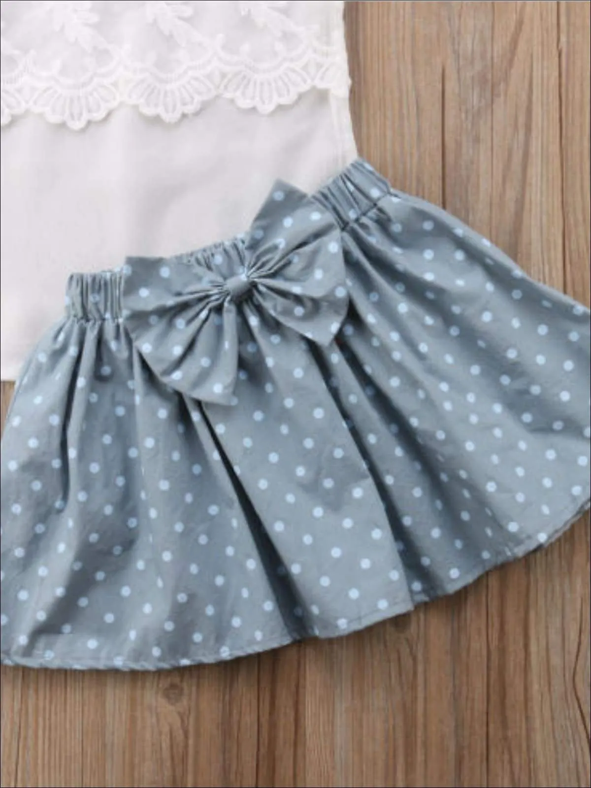 Girls White Lace Top And Polka Dot Skirt Set