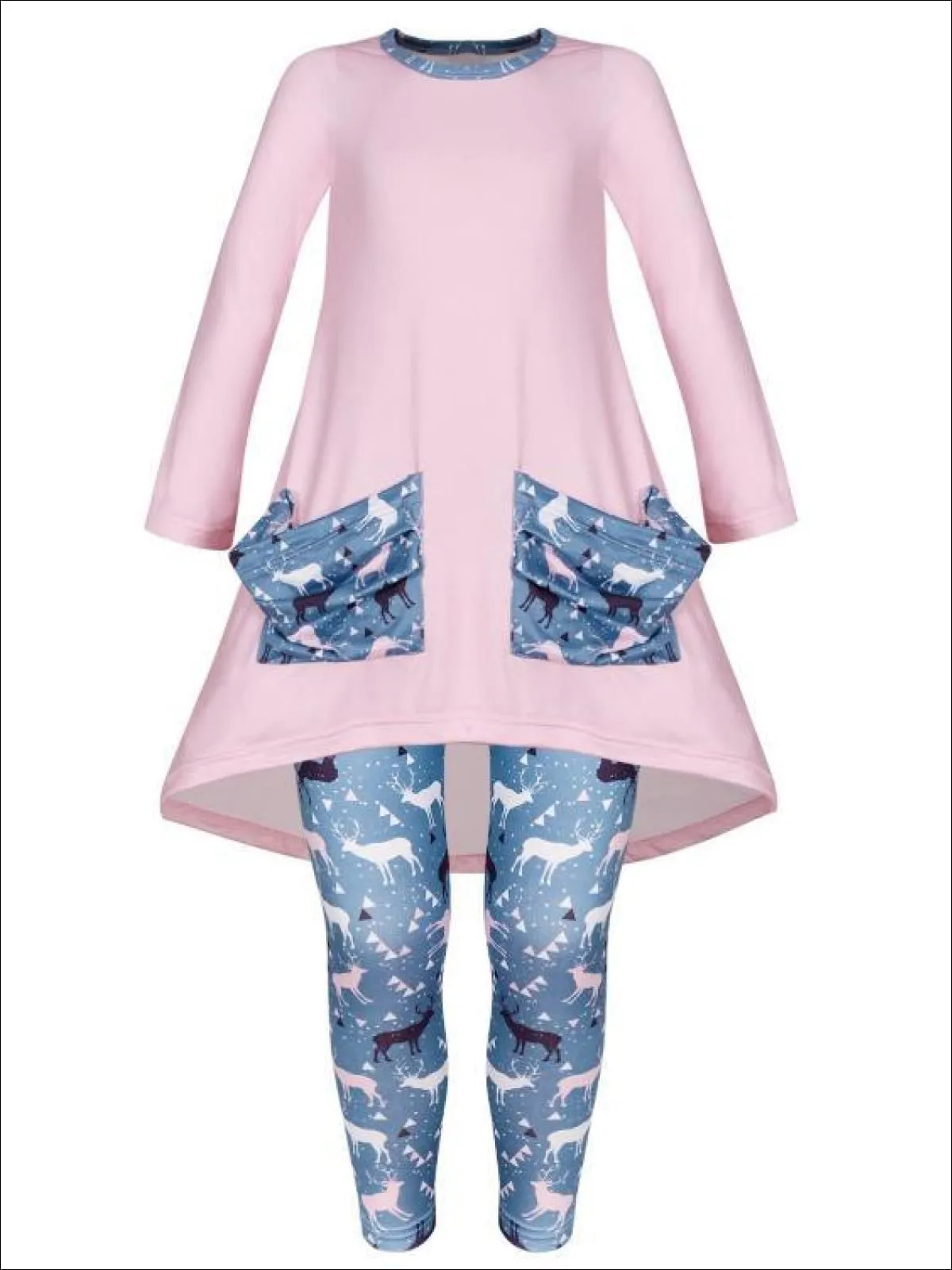 Girls Winter Themed Hi-lo Long Sleeve Tunic with Printed Slouchy Pockets And Matching Legging Set