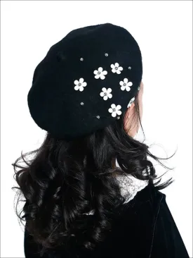 Girls Wool Flower Applique Parisian Style Beret (4 Color Options)