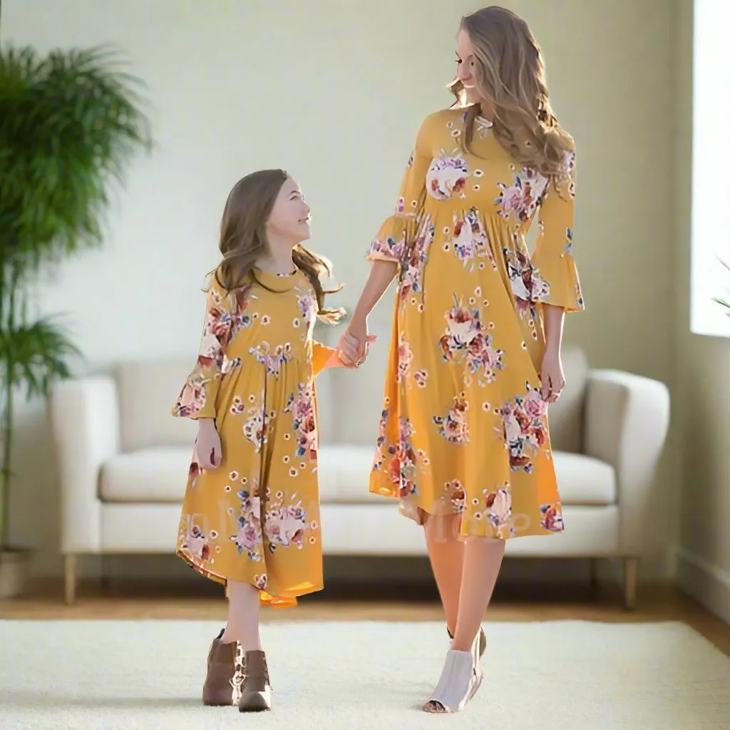 Girls Yellow Floral Long Dress, Bell Sleeve Dress, Matching Mom and Me Dresses, Sizes 4, Yellow/Pink