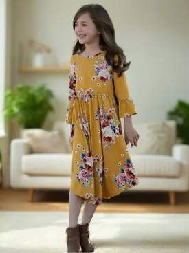 Girls Yellow Floral Long Dress, Bell Sleeve Dress, Matching Mom and Me Dresses, Sizes 4, Yellow/Pink