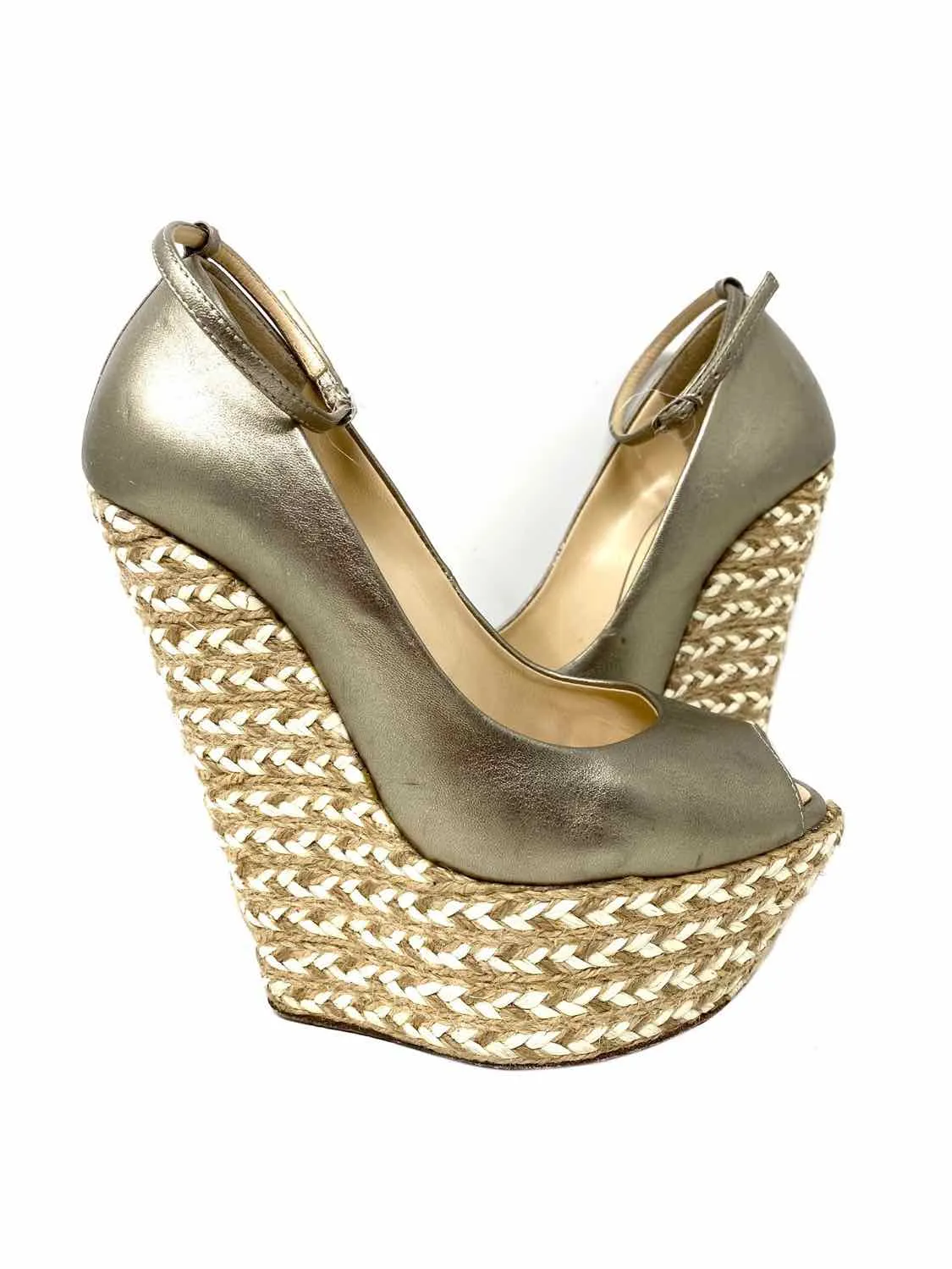 Giuseppe Zanotti Vic Women's Gold/Silver Peeptoe Espadrille Size 6.5 Wedges