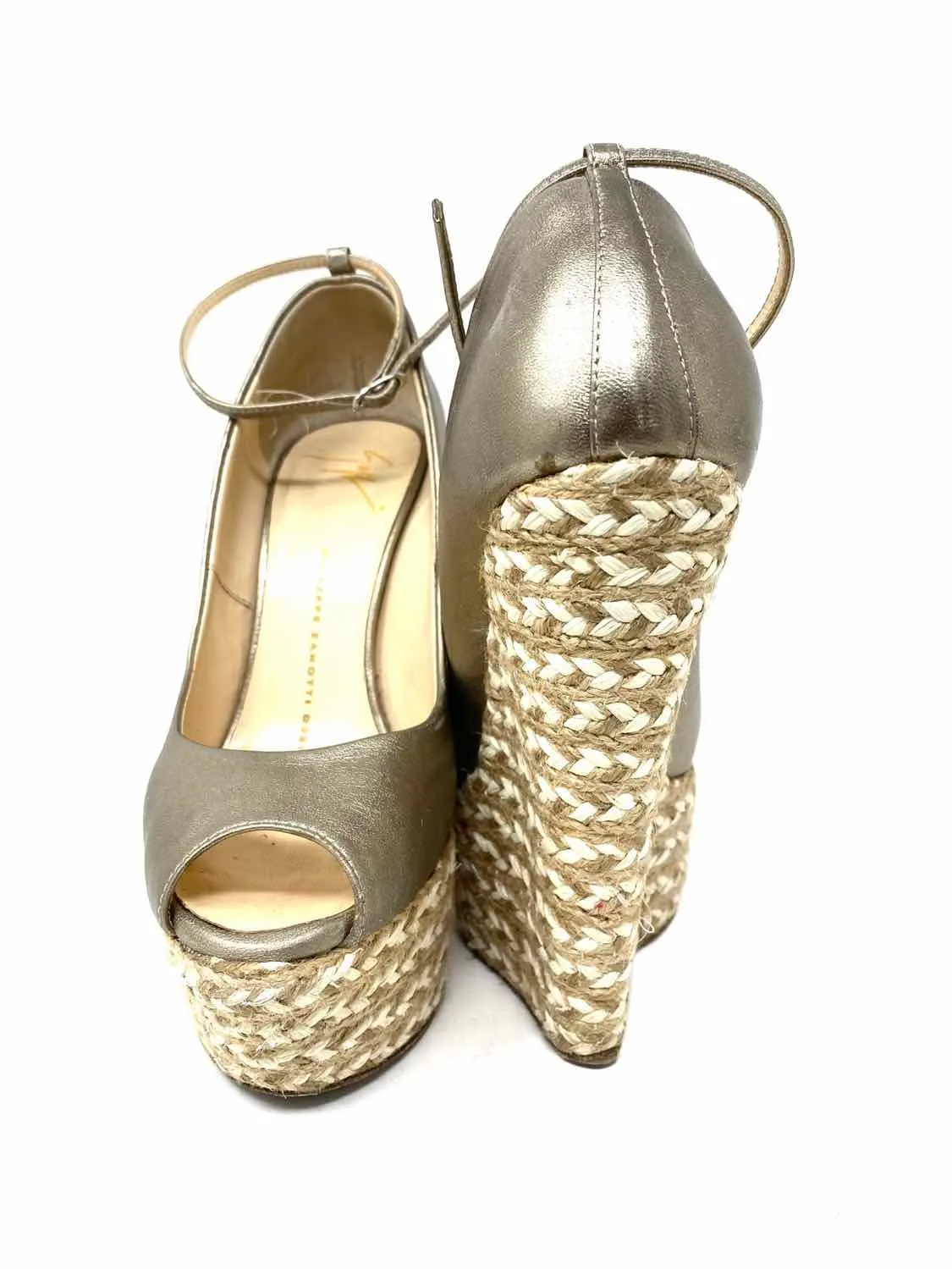 Giuseppe Zanotti Vic Women's Gold/Silver Peeptoe Espadrille Size 6.5 Wedges