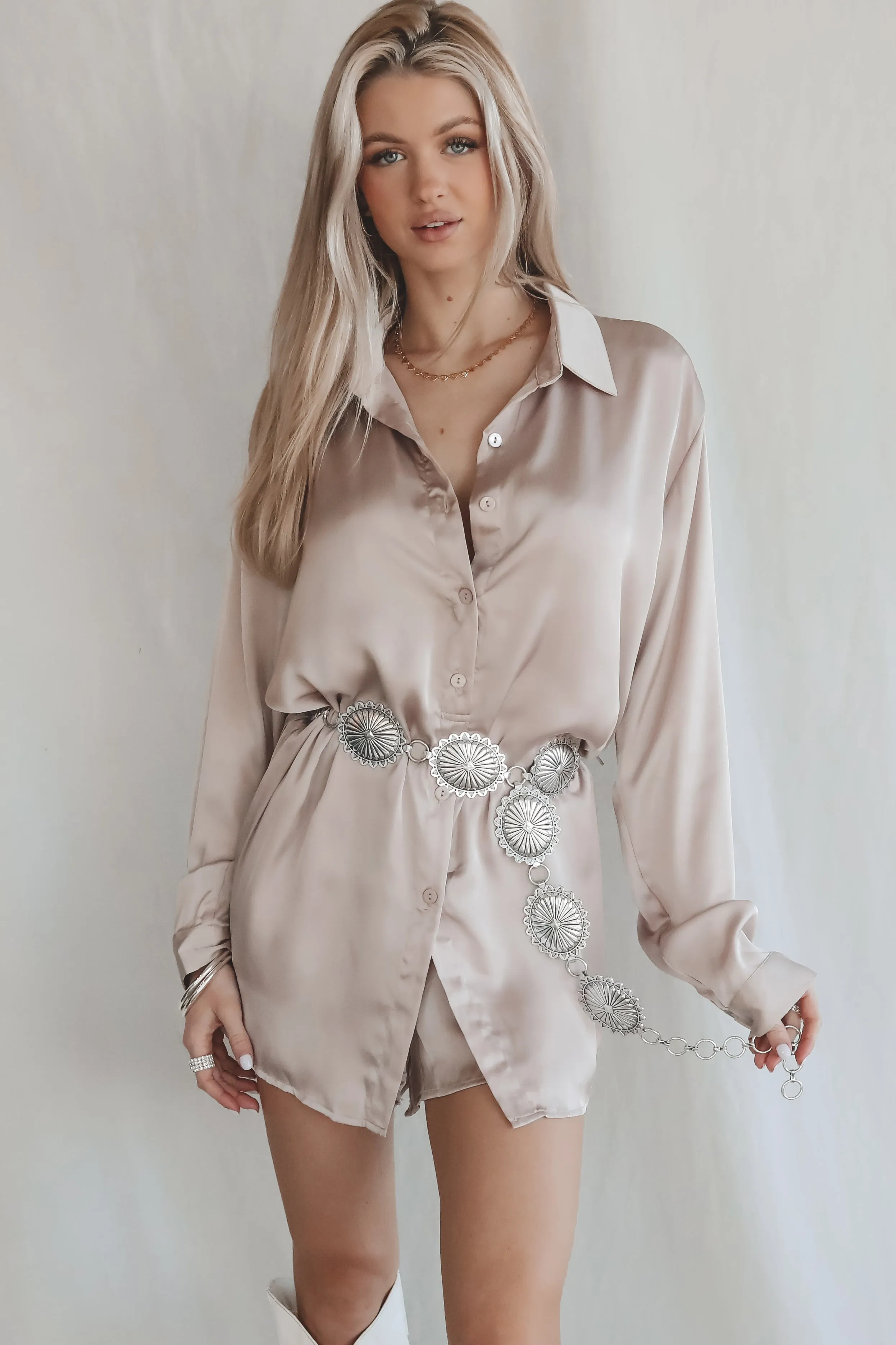 Giving Beverly Hills Satin Button Up Romper Dress