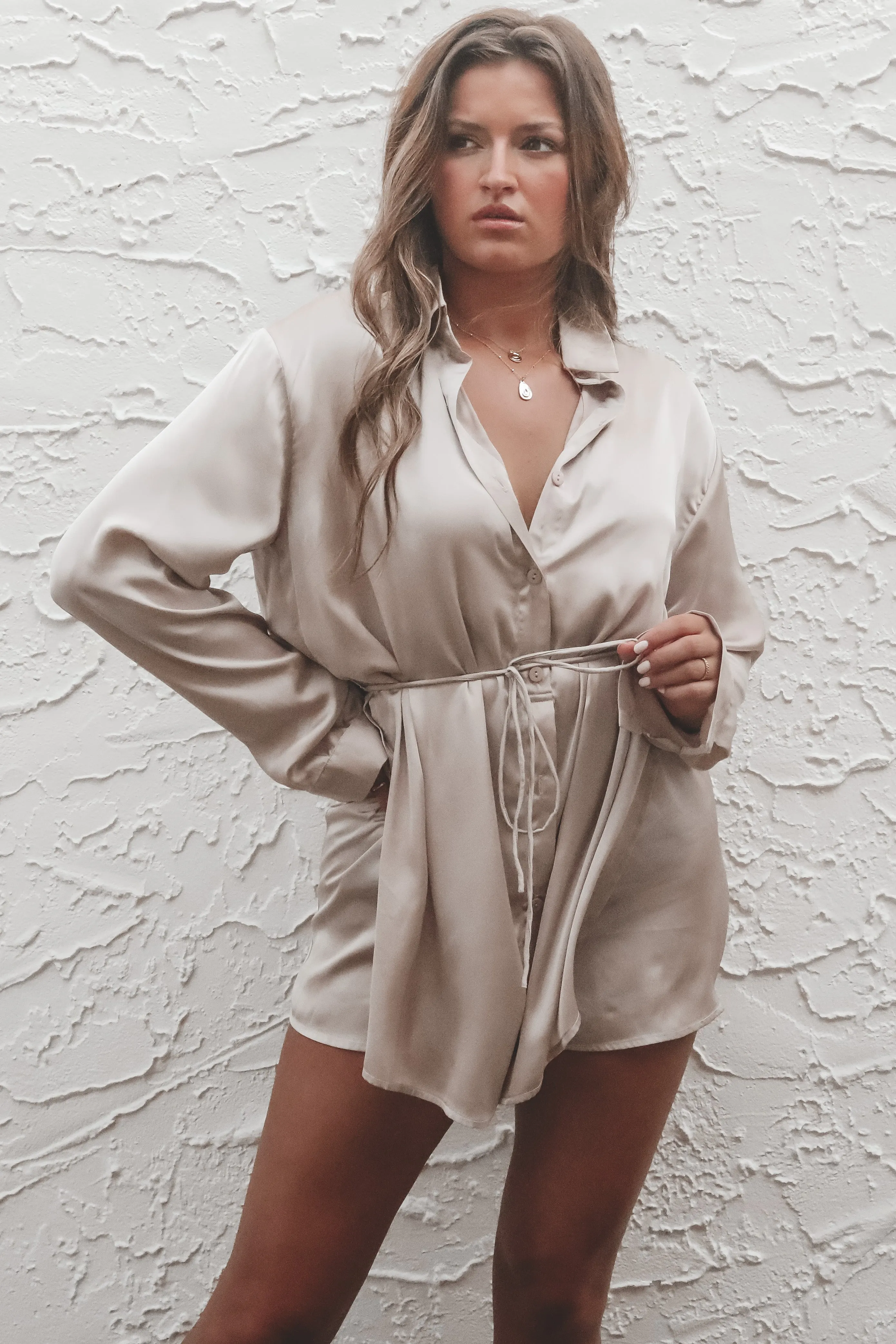 Giving Beverly Hills Satin Button Up Romper Dress