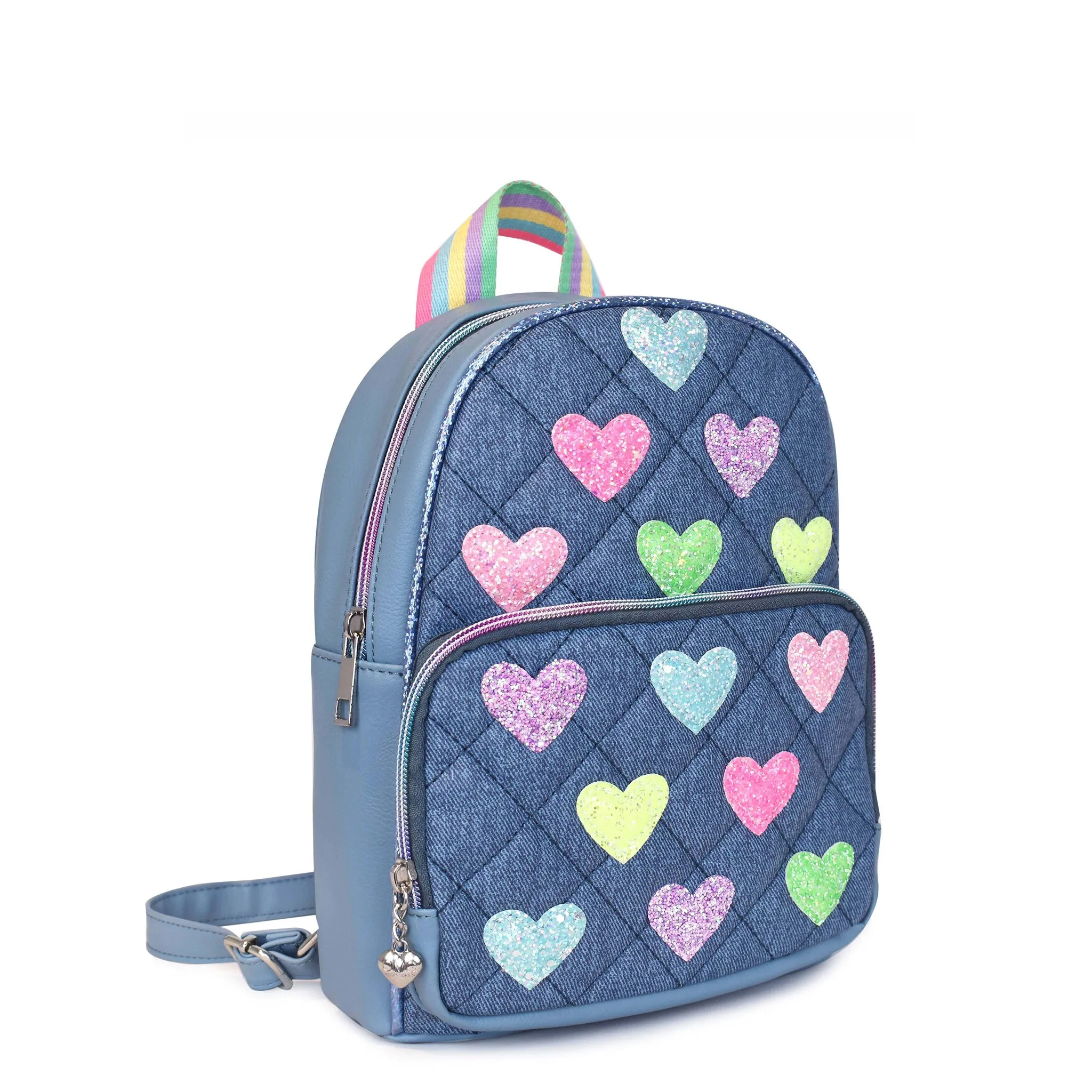 Glitter Heart-Patched Denim Quilted Mini Backpack