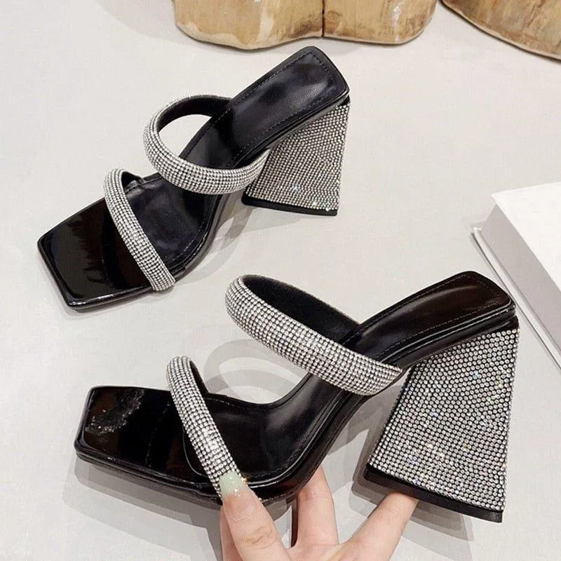 Glitter Rhinestones Triangle Heel Sandals