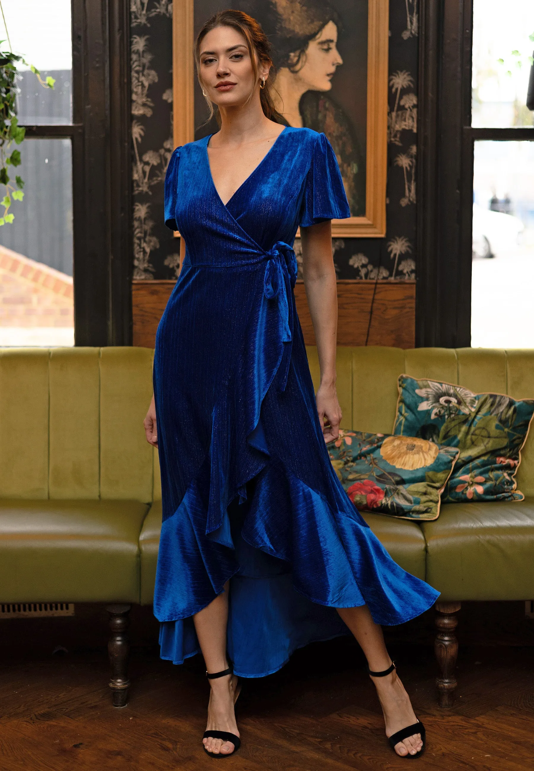 Glitter Velvet Wrap Dress with Ruffle Hem