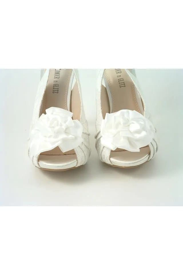 Glitz Shoes Kesha Ivory Lace Peep Toe Court Shoe