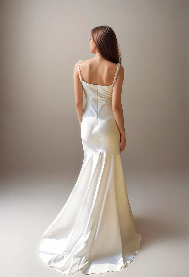 Goddess Style Pearl Beaded Spaghetti-straps Mermaid Satin wedding dress small train