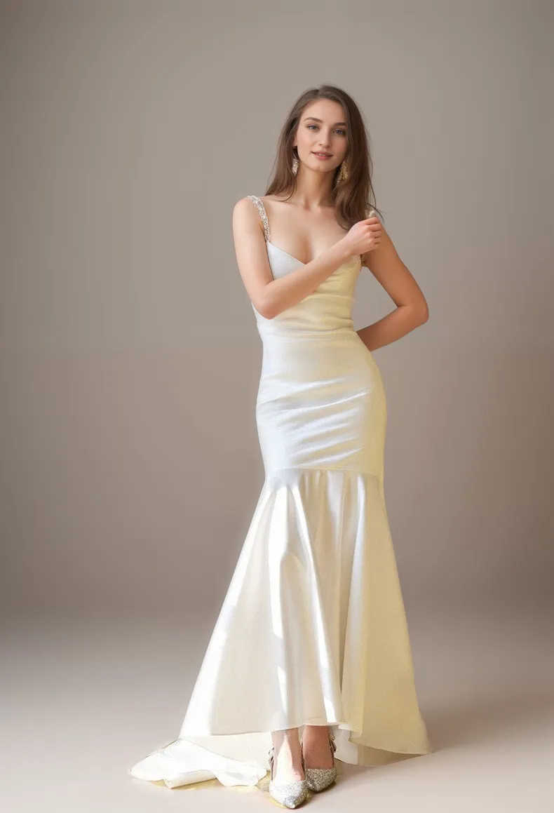 Goddess Style Pearl Beaded Spaghetti-straps Mermaid Satin wedding dress small train