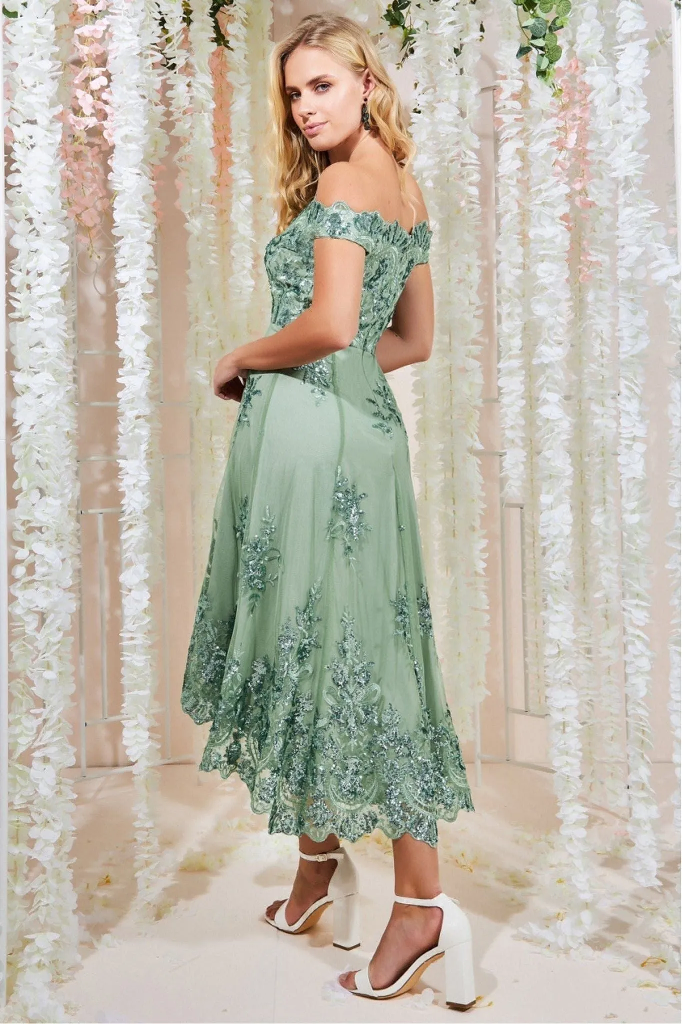 Goddiva Bardot Sequin & Lace High Low Midi - Sage Green