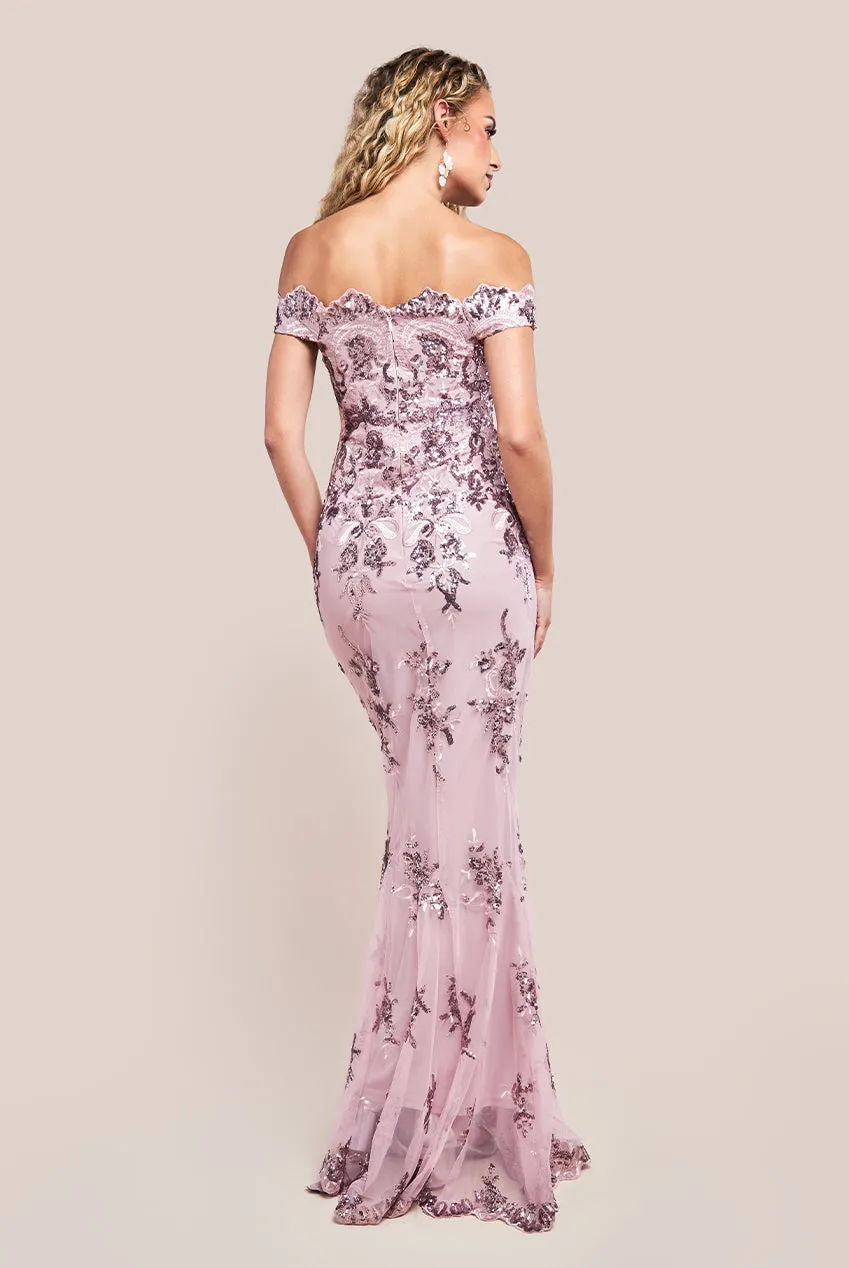 Goddiva Bardot Sequin Embroidered Maxi Dress - Blush