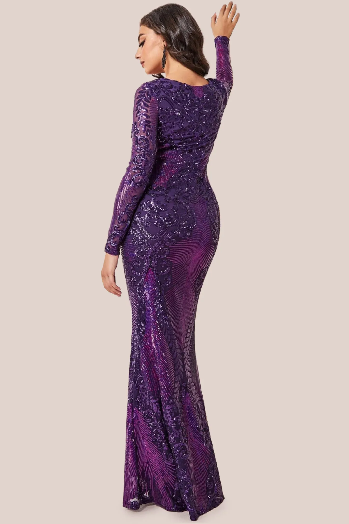 Goddiva Contrast Sequin Long Sleeve Maxi Dress - Purple