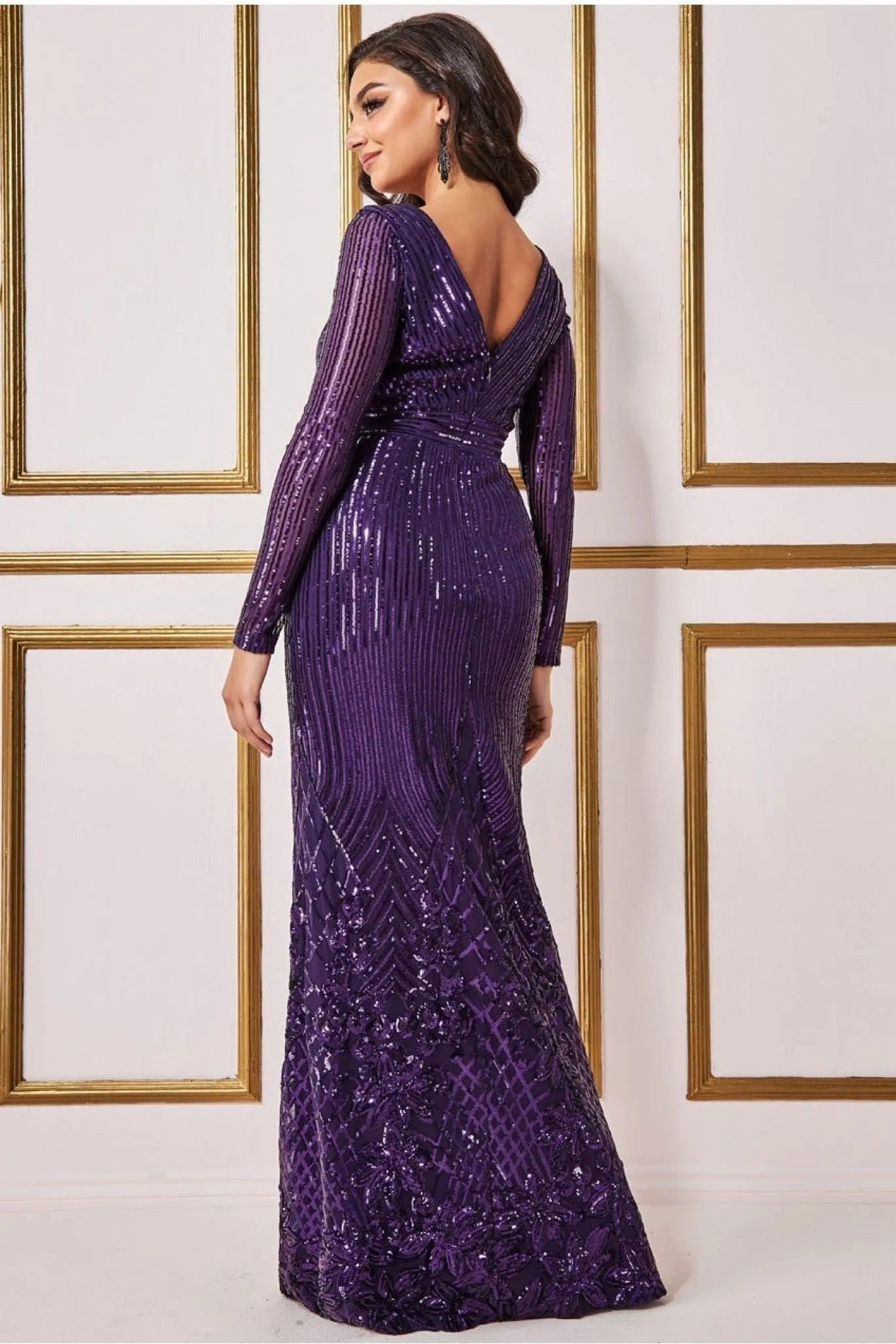 Goddiva Long Sleeve Sequin V Wrap Maxi Dress - Purple