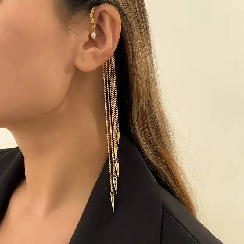 Gold Black Chain, Gold Chain, Black Acrylic Cone Charms Ear Cuffs (EC139)