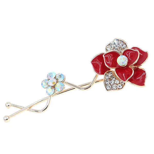 Gold Finish Enamel Flower with Rhinestones Hair Clip [pc]