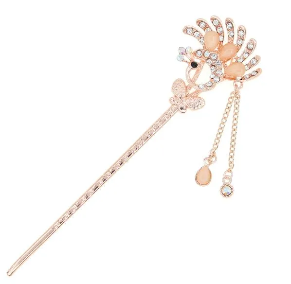 Gold Finish Peacock Rhinestone Hair Stick with Tassels