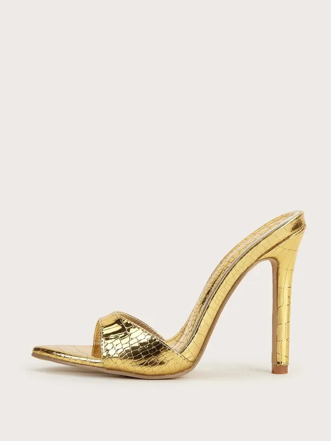 Gold Metallic Crocodile Heeled Mule Sandals