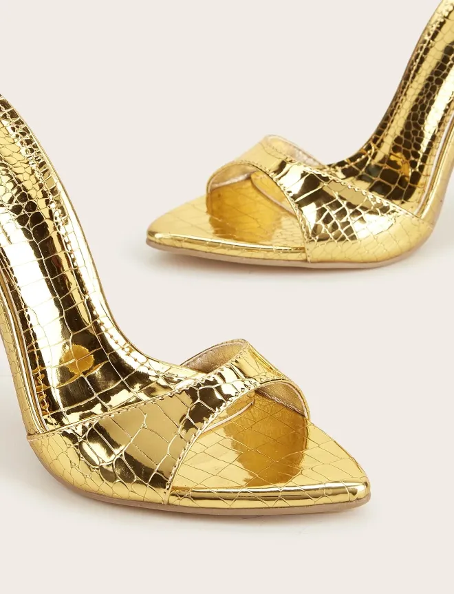 Gold Metallic Crocodile Heeled Mule Sandals