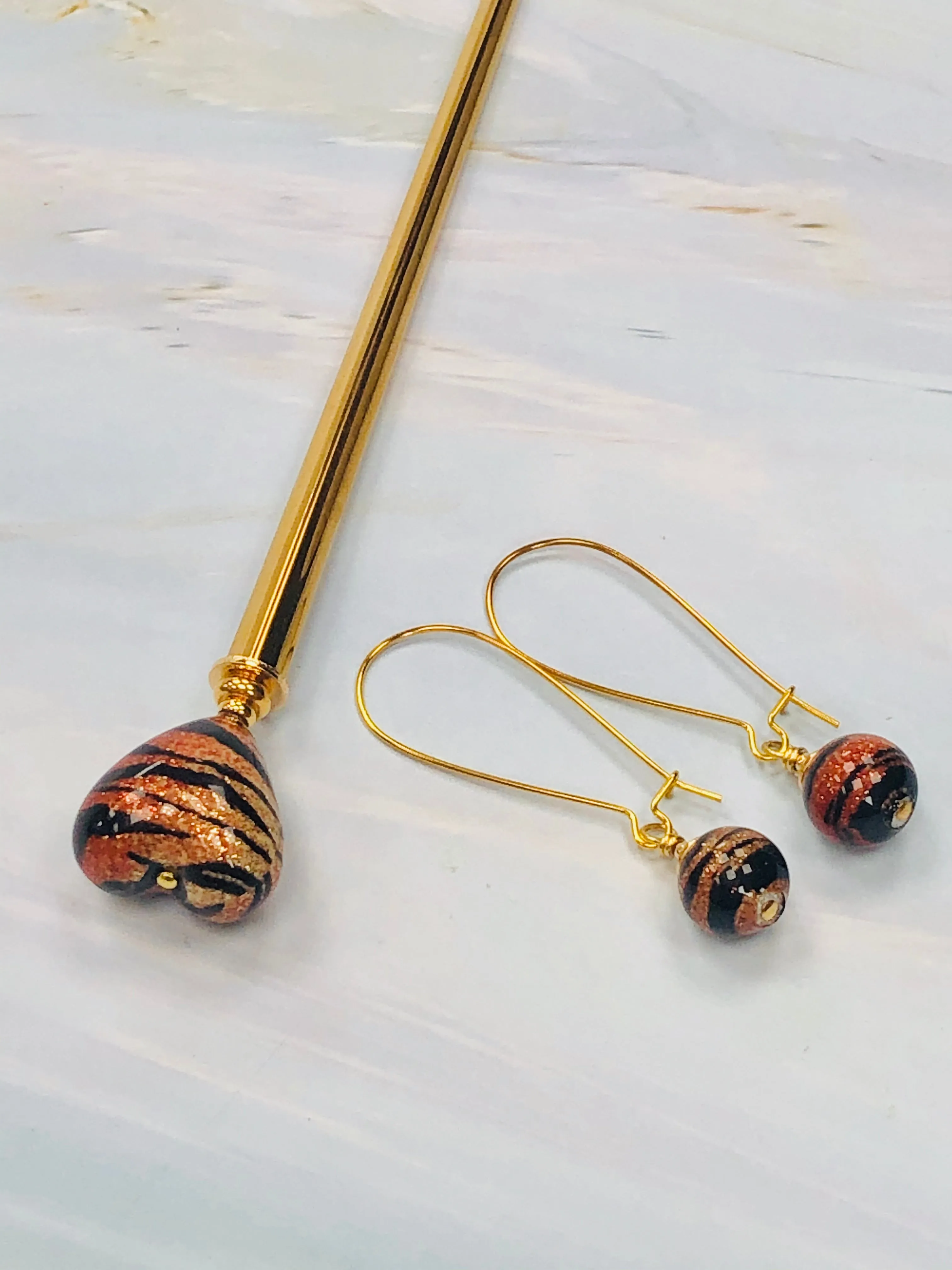 Gold Tiger Heart Hair Stick and Earrings Set