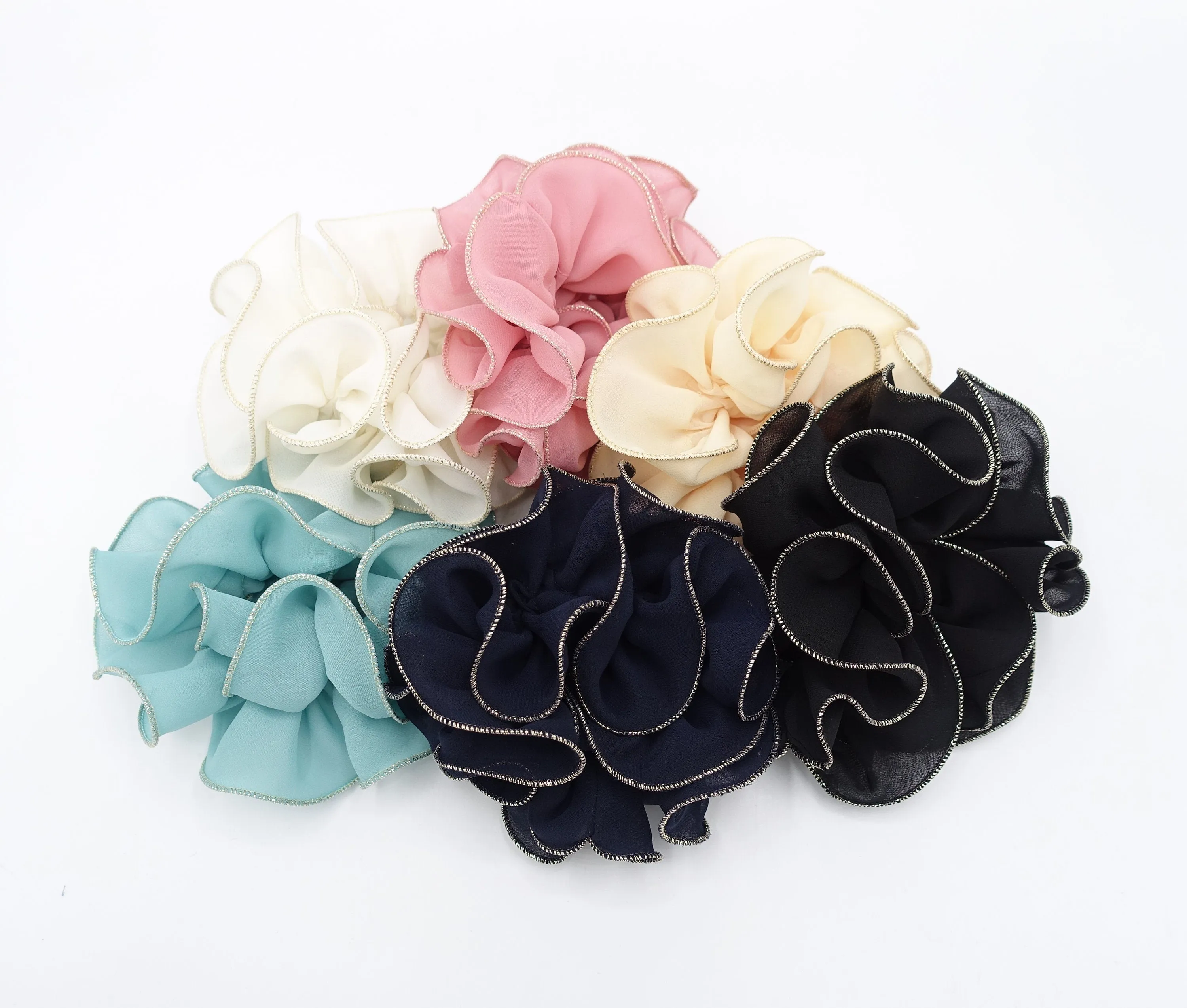 golden edge chiffon scrunchies ruffle hair tie for women