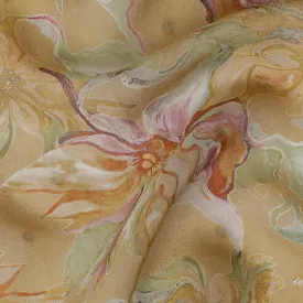 Golden Floral Synthetic Organza Fabric - 110 cm Width, Made in India-D19634