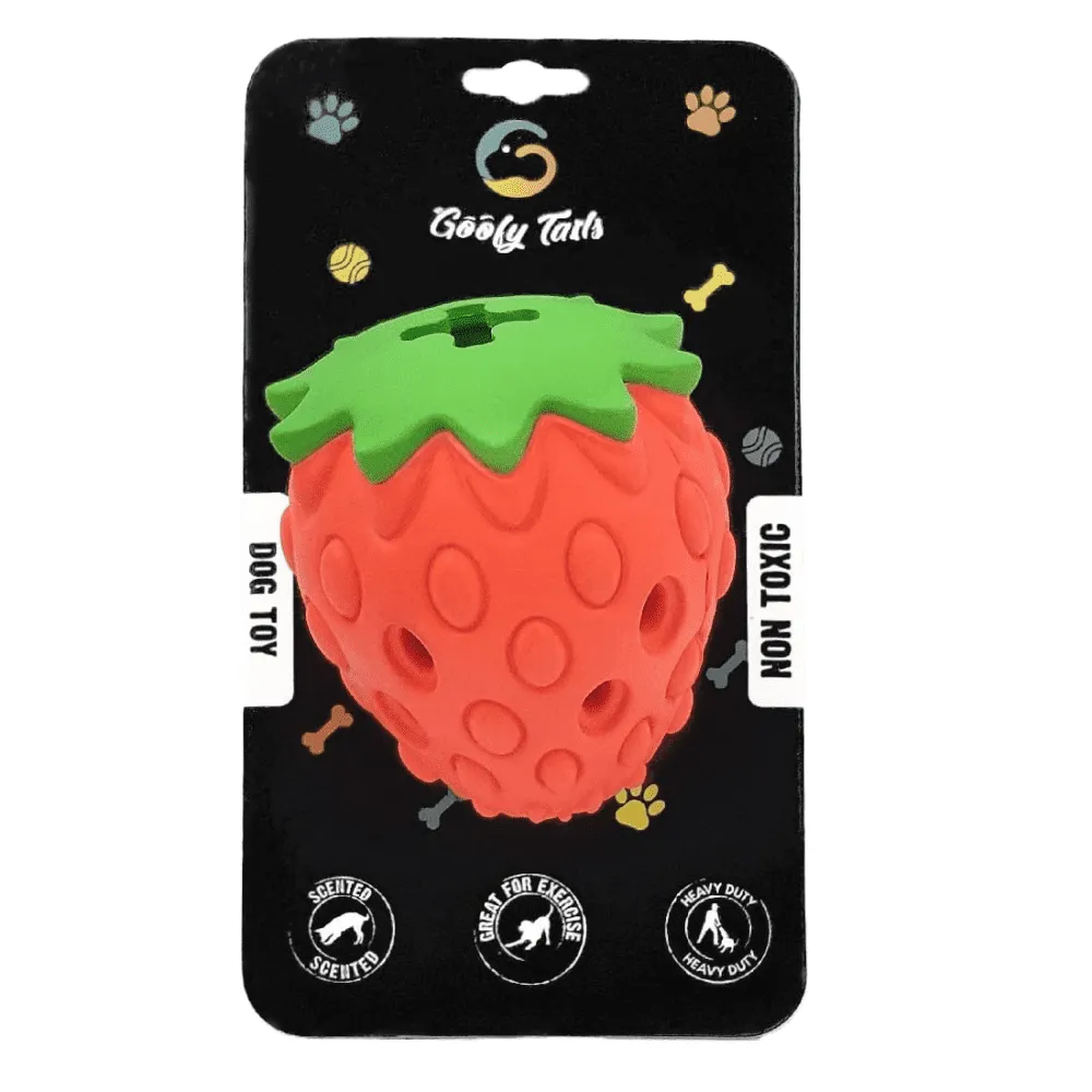 Goofy Tails Dumbbell Treat Dispensing Interactive Toys and Strawberry shaped Natural Rubber Chew Toy for Dogs Combo