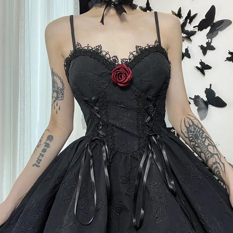 Goth Rose Dark Style Jacquard Backless Slip Dress