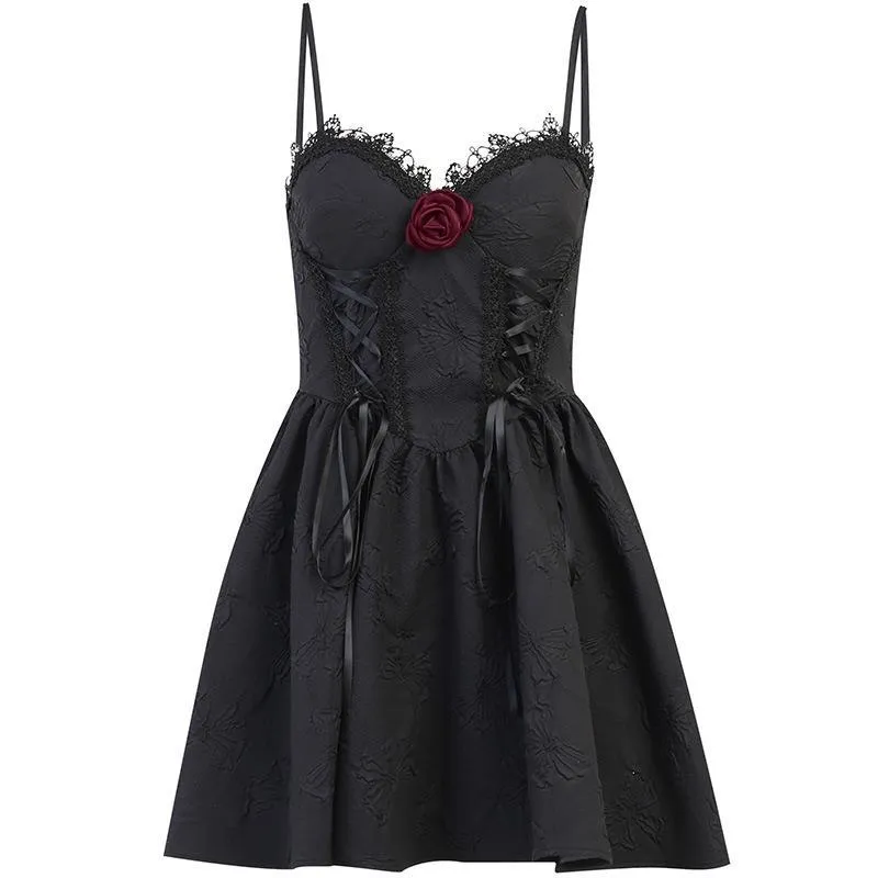 Goth Rose Dark Style Jacquard Backless Slip Dress