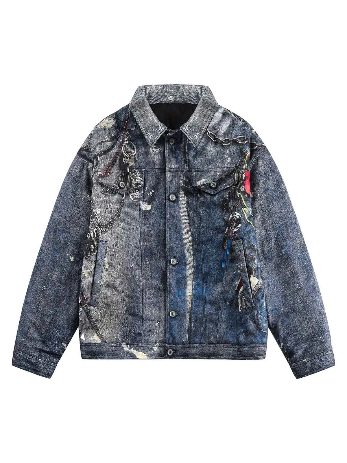 Graffiti Chain Denim Quilted Jacket