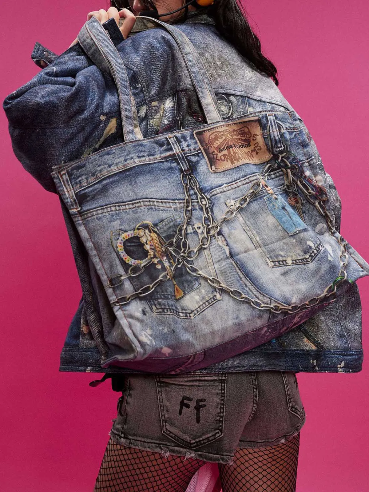 Graffiti Chain Denim Quilted Jacket