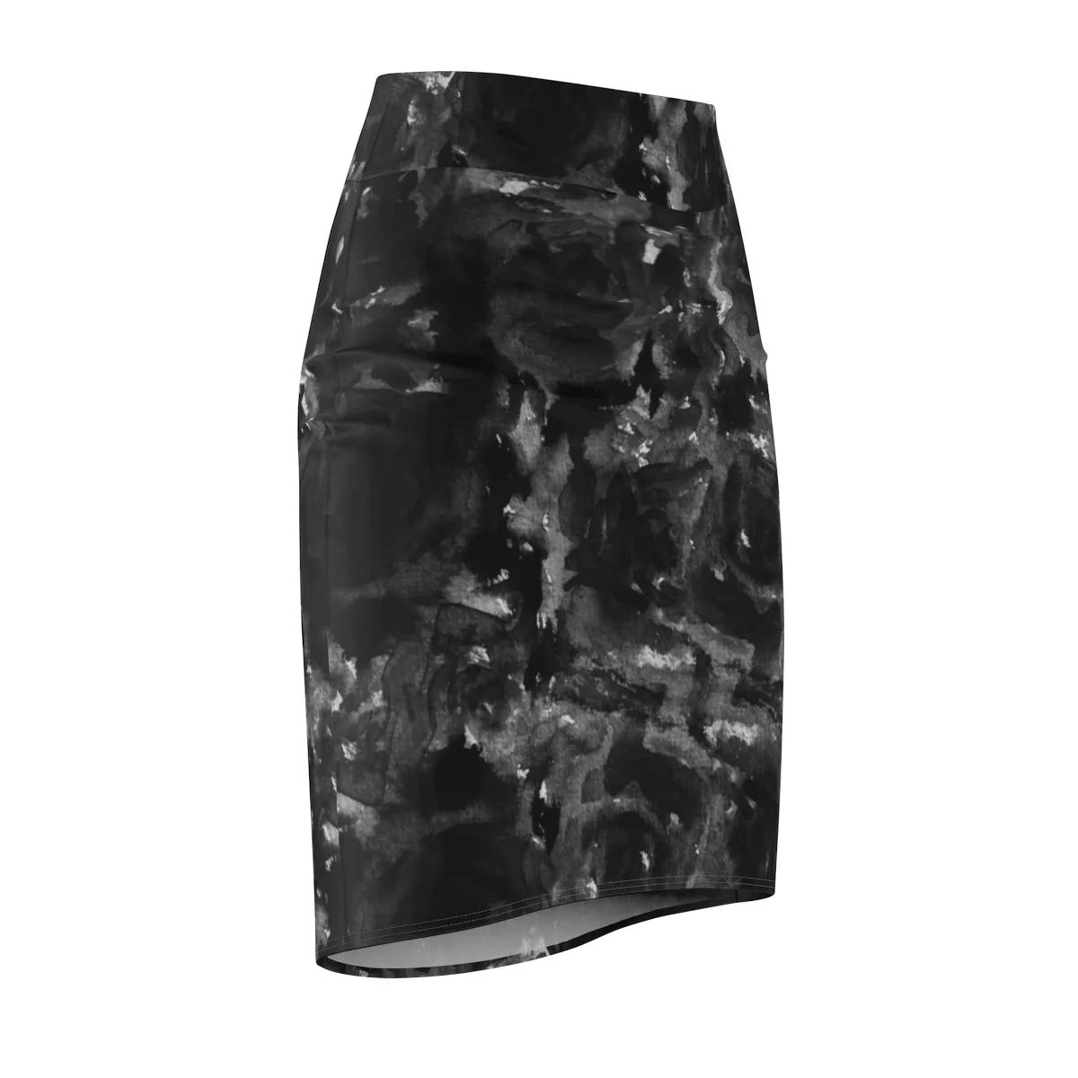 Gray Abstract Pencil Skirt, Black Rose Floral Print Women's Stretchy Pencil Skirt-Made in USA