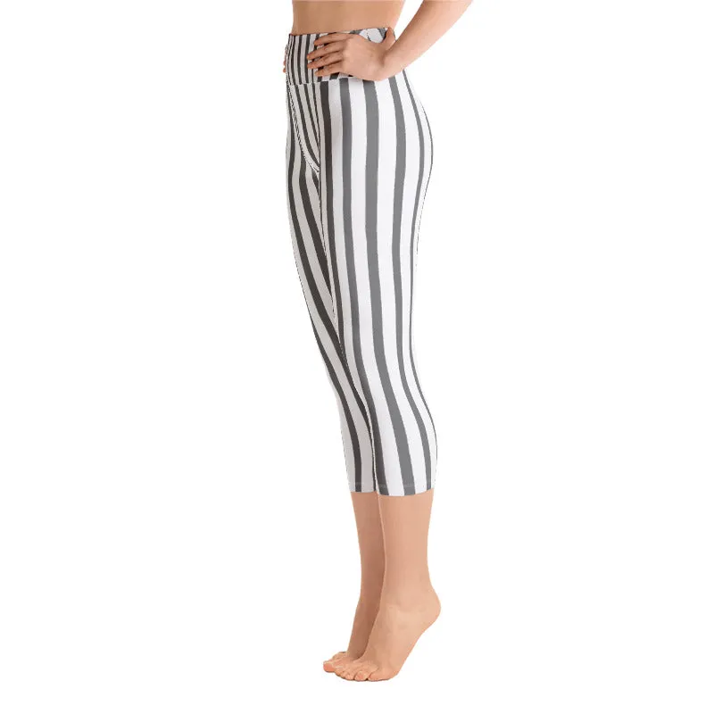 Gray & White Vertical Striped Leggings, Women's Yoga Capri Leggings Pants- Made in USA/ EU