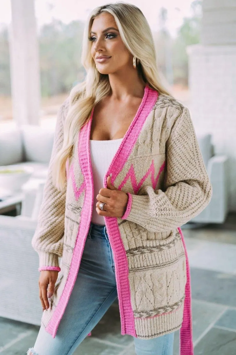 Gray and Pink Geometric Knit Cardigan