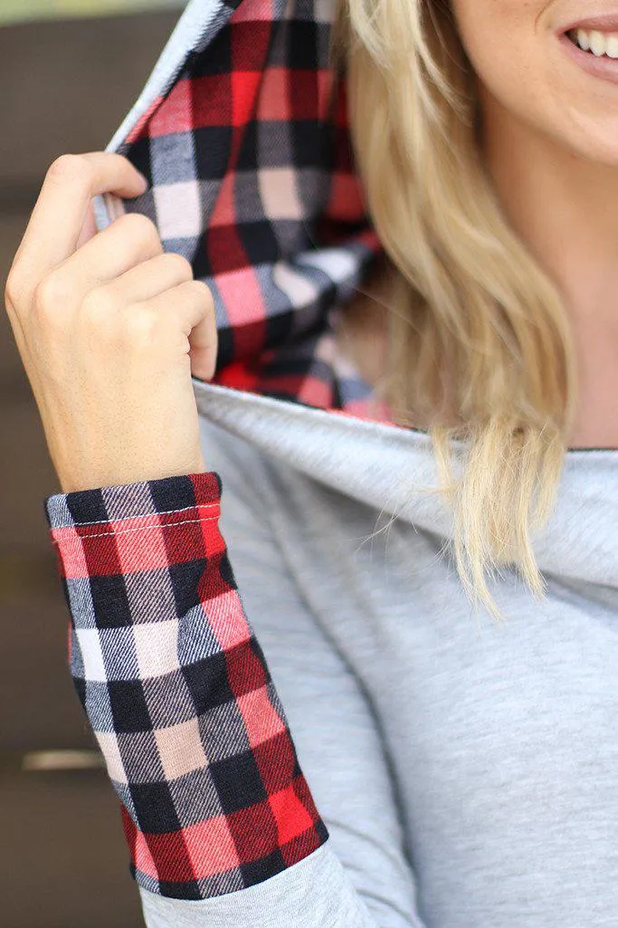 Gray And Plaid Print Hooded Tunic