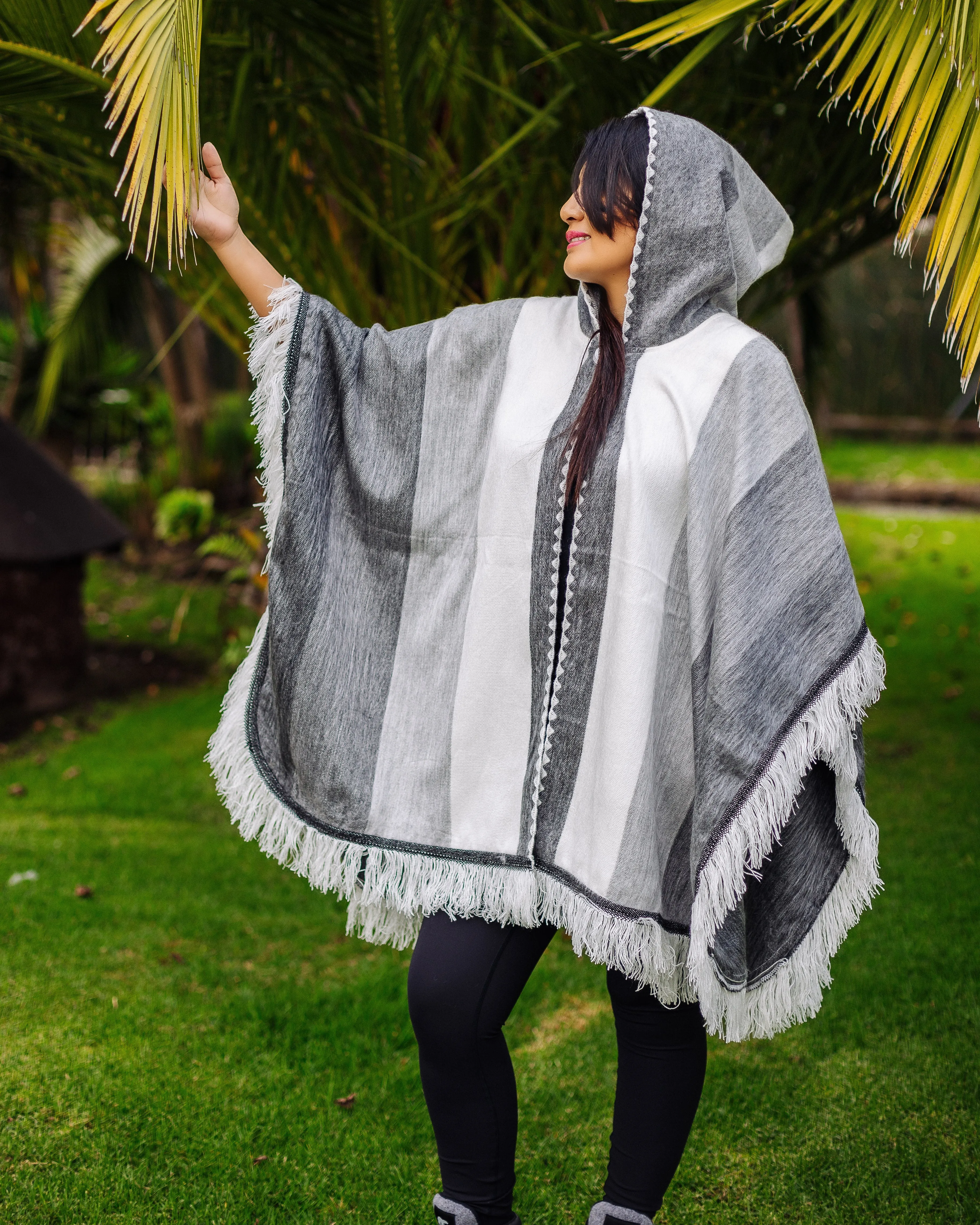 Gray Ash and White Alpaca Poncho With Hood